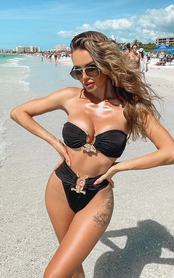 Bas de maillot de bain noir à empiècement martelé
