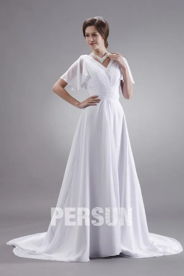 Robe mariée plage empire à bretelle manches évasé col  v ruchées en Mousseline