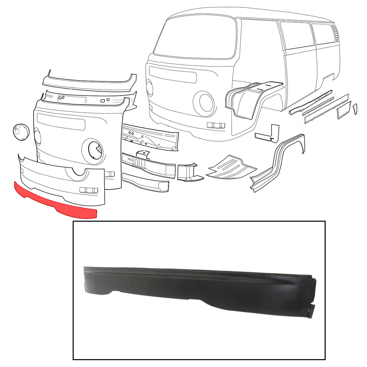 Tôles de Réparation Traverse Extérieure de Bas de Face Avant, VW Combi 1968-1972